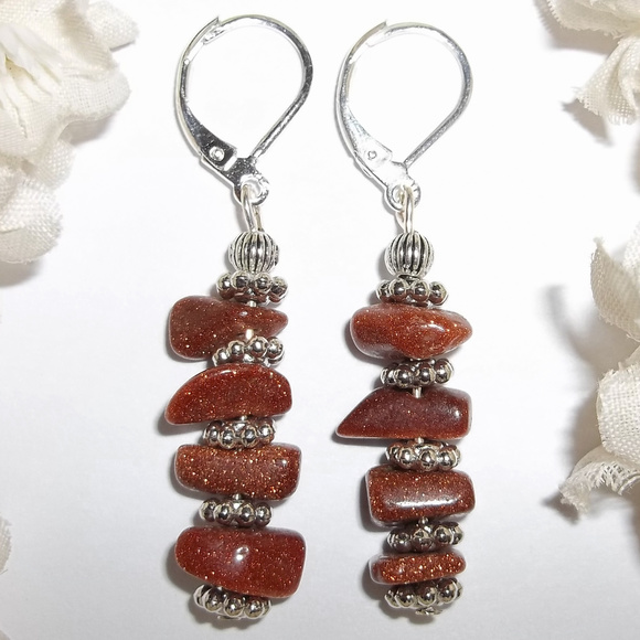 Burnt Orange & Silver Sandstone Earrings Gemstone Dangle Drop Boho Chic 4872 - Picture 1 of 8